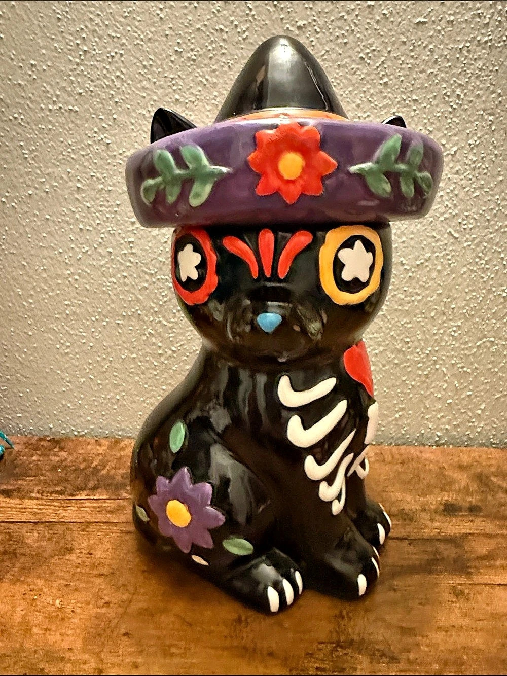 Pier 1 Halloween Black Cat Canister Jar with Purple Witch Hat